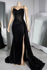 Long Black Evening Dress Sleeveless Pleated Split with Beadings